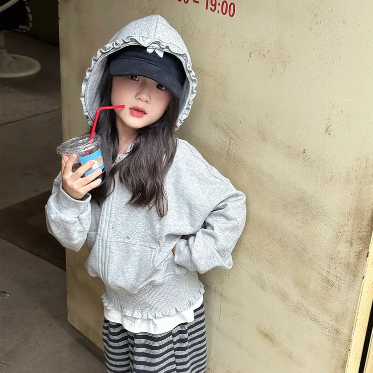 女童秋装甜美花边时髦韩版卫衣外套2025秋季中大小儿童上衣