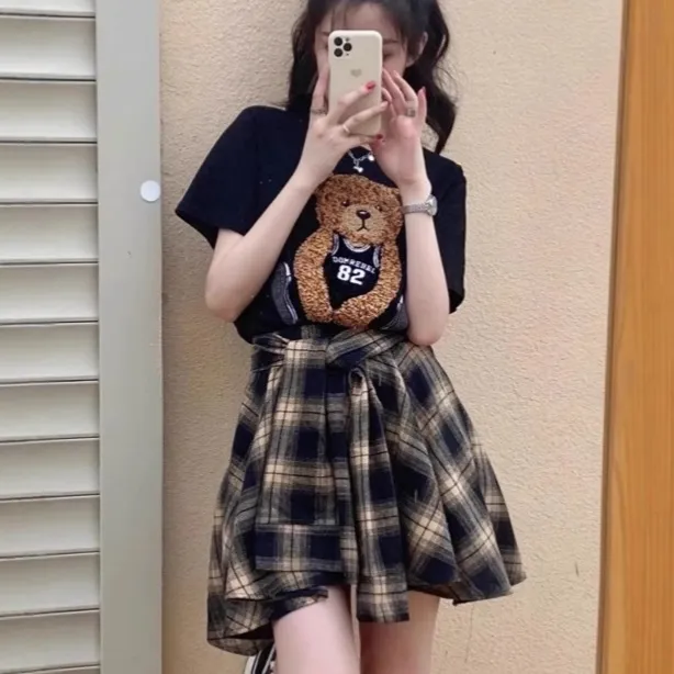 毛巾绣 | 辣妹套装女夏季时尚洋气炸街裙子两件套显瘦格子半身裙