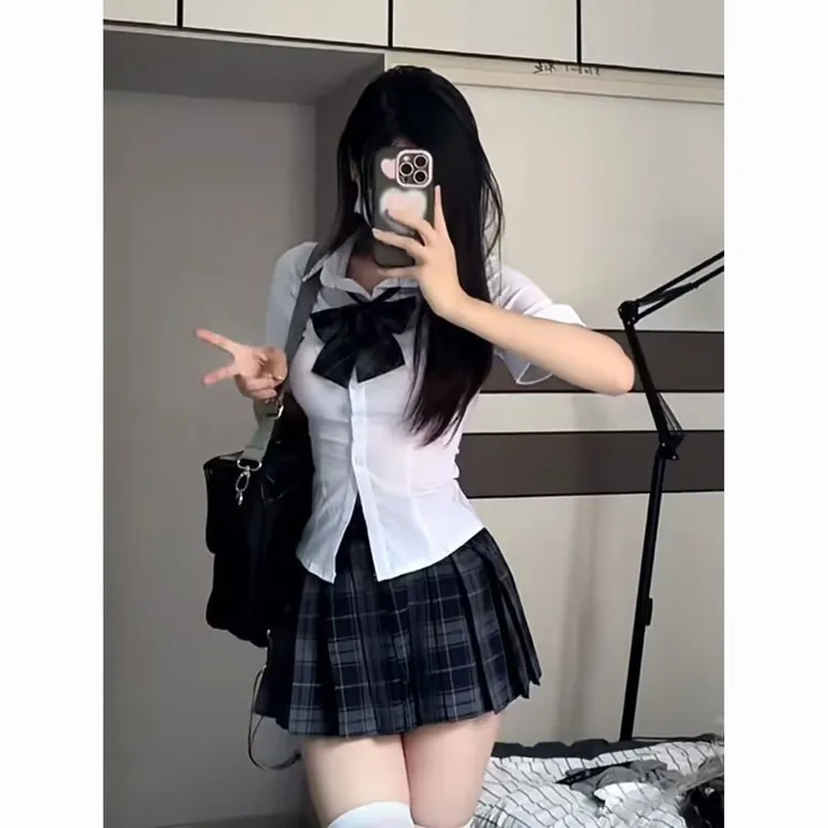 短袖显瘦辣妹高腰jk性感学院风日系套装短裙jk百褶裙学院风水手服
