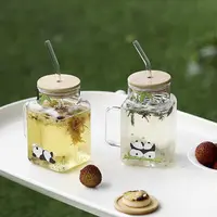 大容量耐高温熊猫玻璃吸管杯带把手带盖