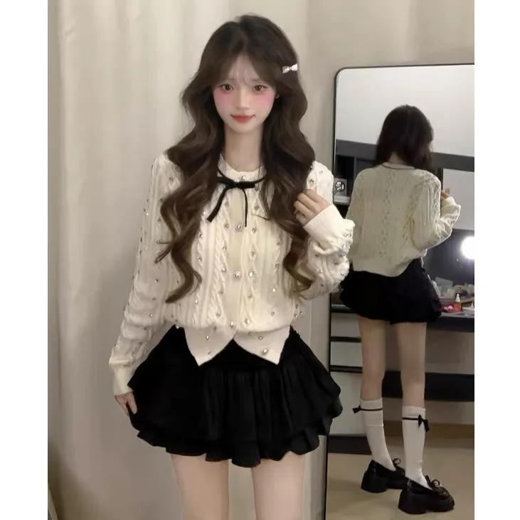 小香风蝴蝶结麻花针织开衫上衣女设计感白色甜美气质毛衣外套秋冬