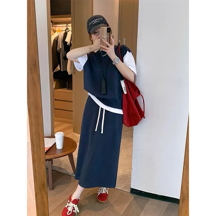 时尚套装女2025夏季新款拼接T恤上衣假两件运动休闲半身裙两件套