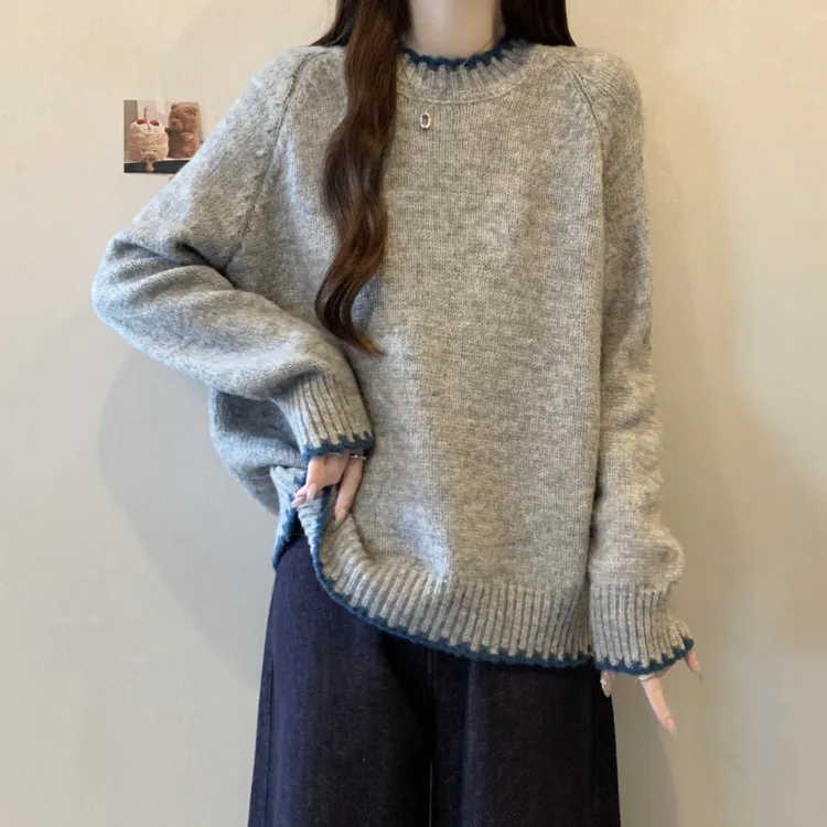 慵懒风灰色套头针织衫毛衣女秋冬新款大码胖mm宽松遮肚高级感上衣