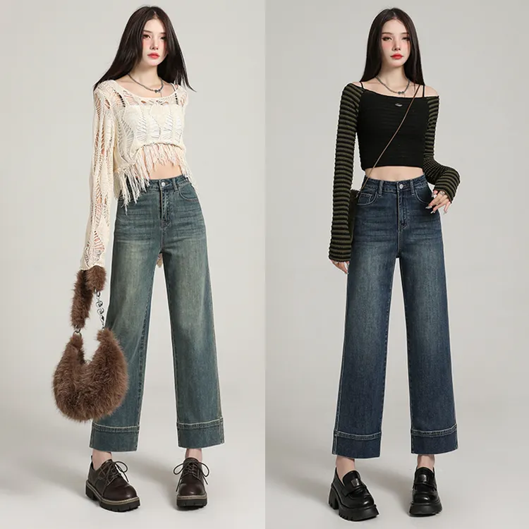 【木木夕】秋冬百搭九分直筒牛仔裤怀旧设计感时尚高腰显瘦烟管裤女