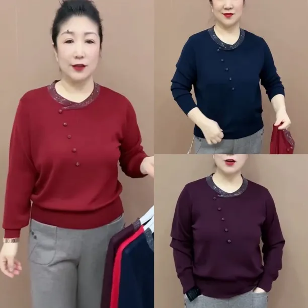 秋冬新款中老年妈妈圆领镶钻针织衫宽松显瘦洋气时尚打底上衣