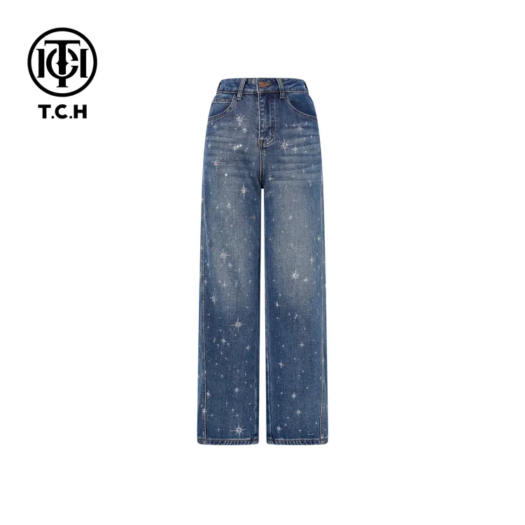 TCH【直筒阔腿】25冬款新上时尚烫钻阔腿直筒牛仔裤女T75D20E1048