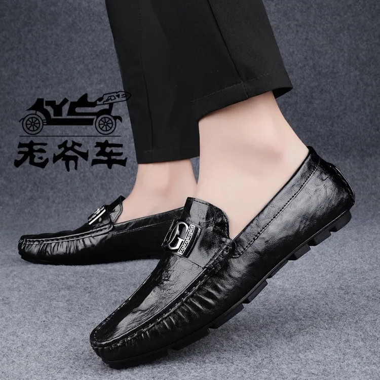 意大利老爷车品牌男士单皮鞋商务时尚休闲潮流韩版真皮黑色豆豆鞋