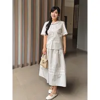 【涵胖胖】清56419胖mm收腰显瘦条纹短袖衬衫半身裙大码时尚套装