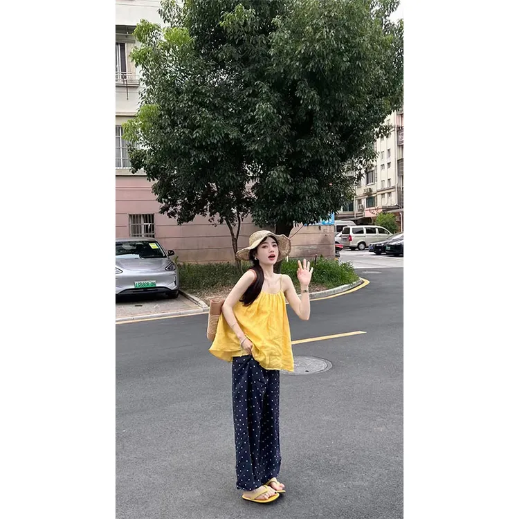 甜美温柔风夏季新款高级感U领黄色吊带背心高腰宽松波点阔腿裤女