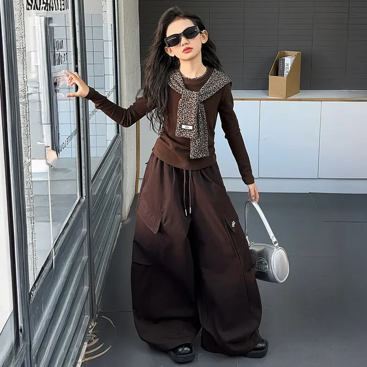【酷哒仔】女童琥珀流光披肩上衣T恤工装裤子两件套装2025秋季潮范