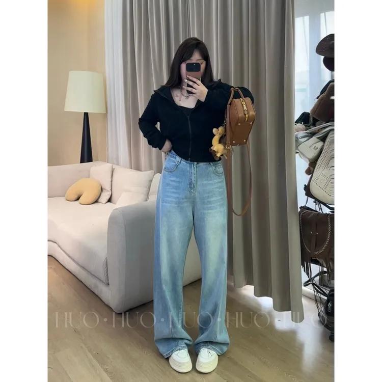 现货6644#大码春季新款浅蓝色弯刀美式高腰宽松直筒阔腿镰刀裤