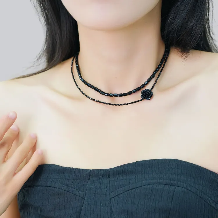 铜合金项链 黑色玫瑰花串珠双层项链锁骨链女小众设计时尚百搭