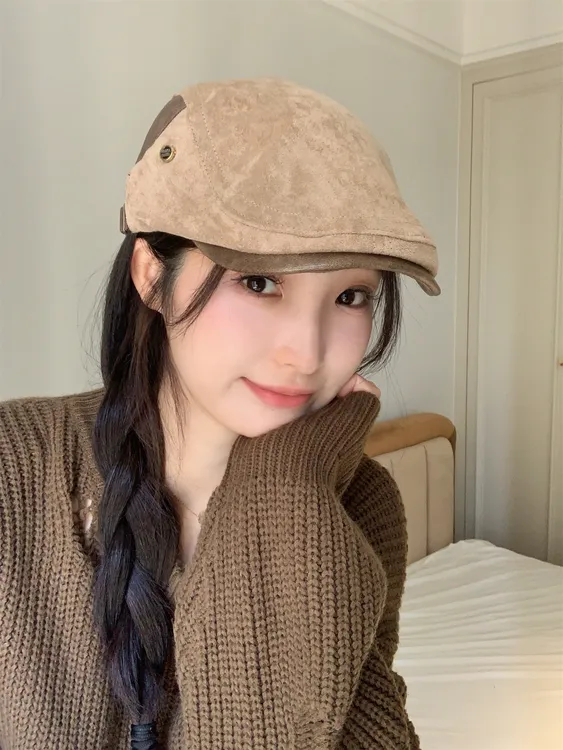 老钱风气质麂皮绒秋冬新款前进帽女复古休闲百搭甜酷反戴贝雷帽男