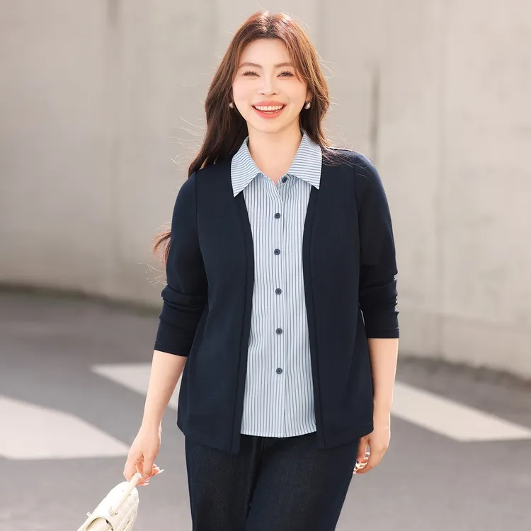 【现货-设计感条纹假两件针织衬衫】MsShe大码女装上衣T~V2502008