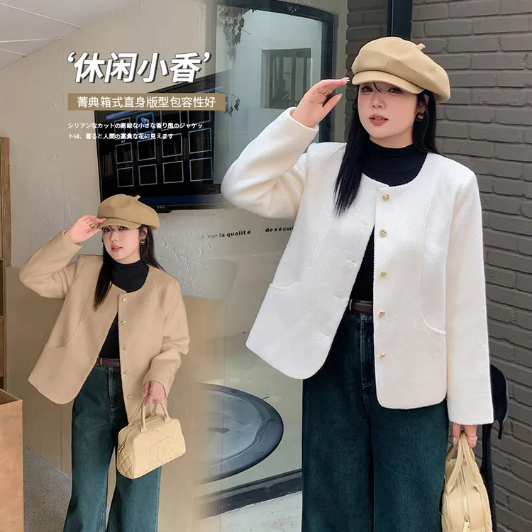 胖mm韩系小香风毛呢外套秋季新款轻奢百搭显瘦正肩上衣341762