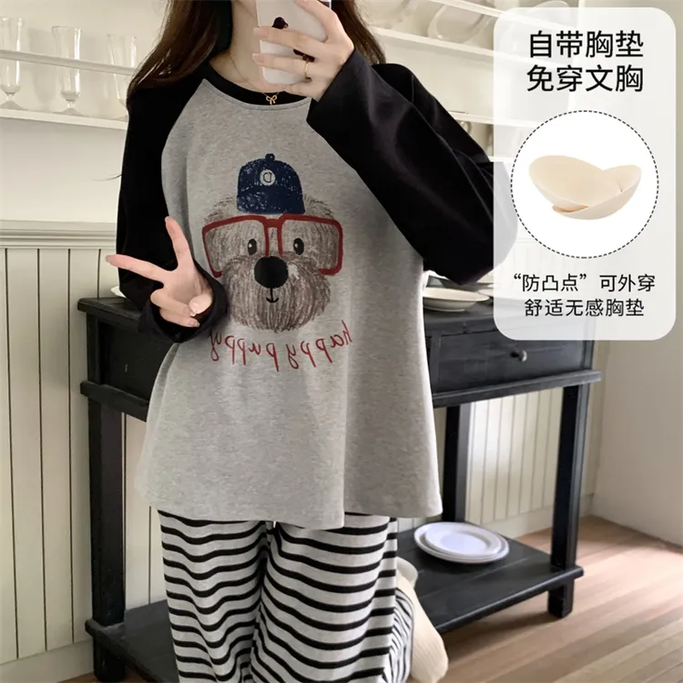 自带胸垫睡衣女款春秋季爆款2025新款长袖长裤可爱学生家居服套装
