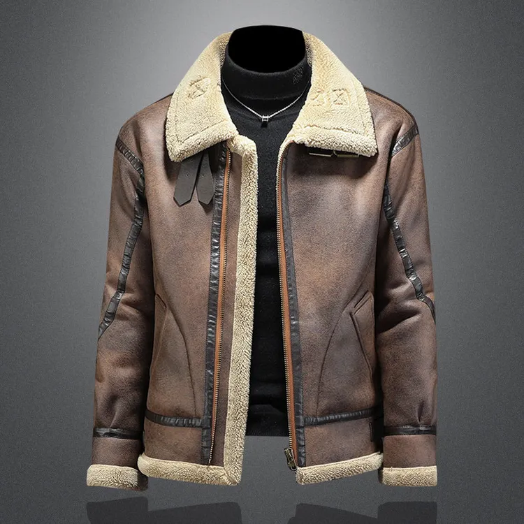 2025新款复古男士皮毛一体冬季加厚羊羔绒翻领保暖海宁皮衣男外套