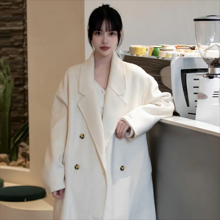 韩系休闲长毛双面羊绒大衣毛呢外套茧型慵懒风澳洲羊毛大衣女1