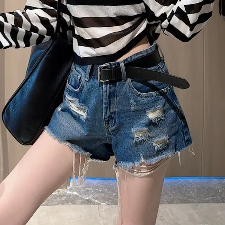 【CCDZ】夏季新品时尚韩系百搭高腰显瘦辣妹破边牛仔短裤女