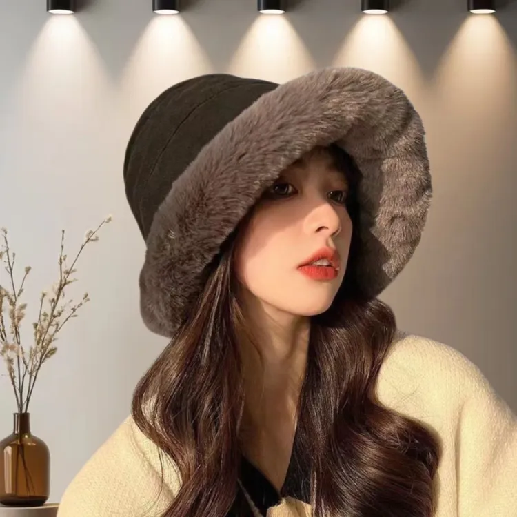 秋冬季加厚毛绒渔夫帽网红日系加绒保暖帽简约复古显脸小水桶盆帽