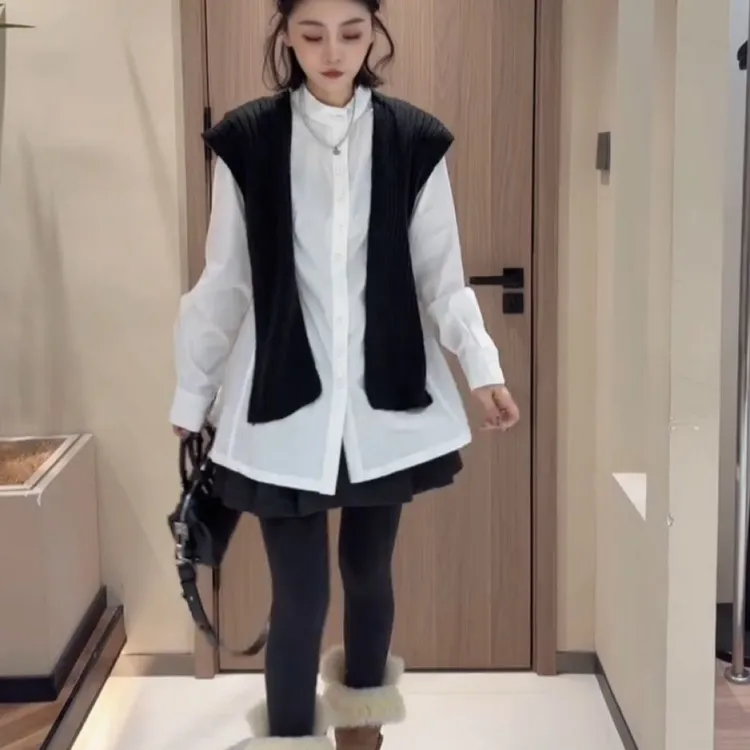 1328韩版百搭立领两件套女显瘦简约欧货披肩时尚中长款衬衫上衣