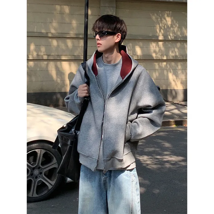 美式boxy版型连帽卫衣男秋季重磅帝王红内外套廓形设计感百搭夹克