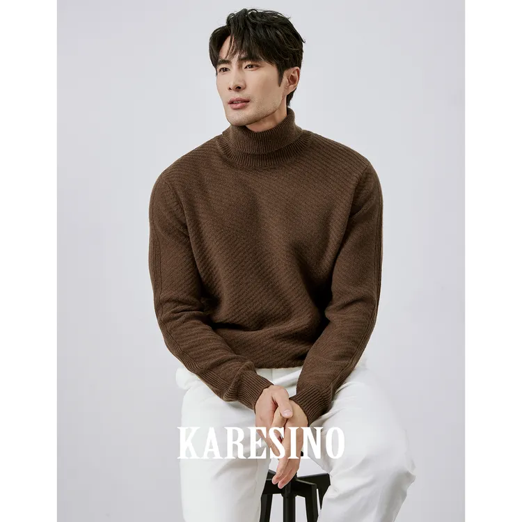 KARESINO斜纹肌理感100％纯羊毛 冬季高领保暖针织衫毛衣羊毛衫