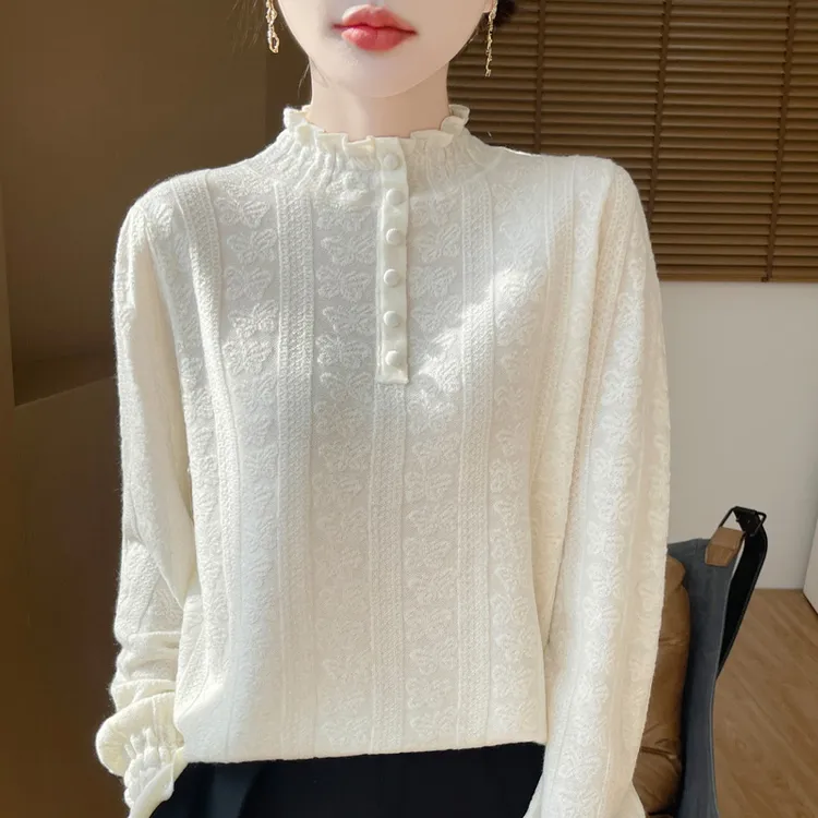 秋冬新款蕾丝荷叶花边领针织打底衫女宽松减龄半高领加厚82