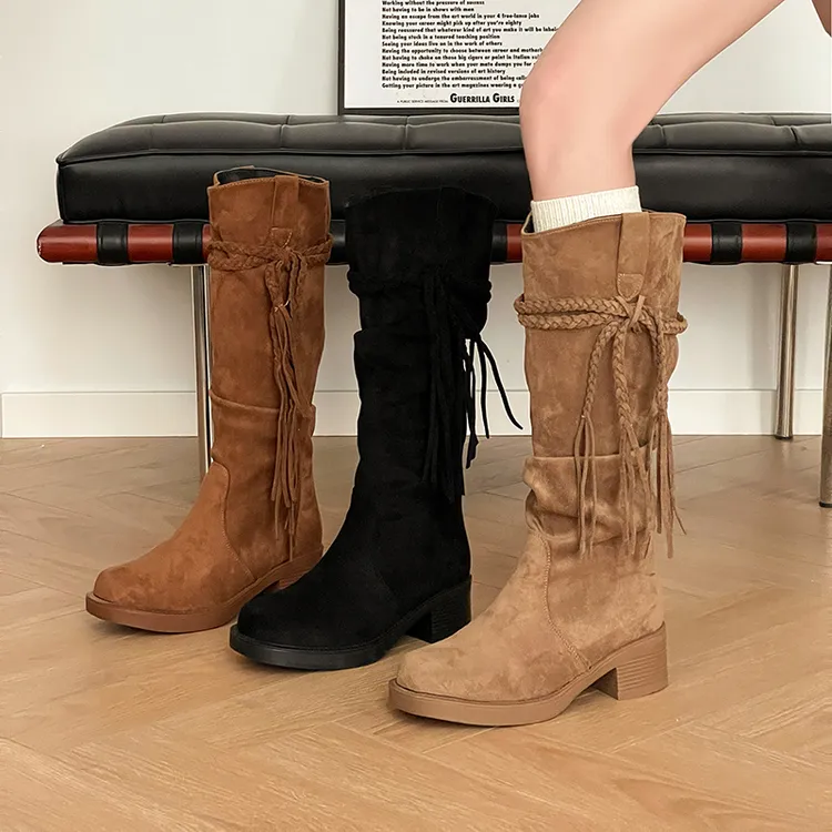 OJRZ复古废土风流苏骑士靴粗跟长筒靴女2025秋冬显瘦百搭堆堆靴