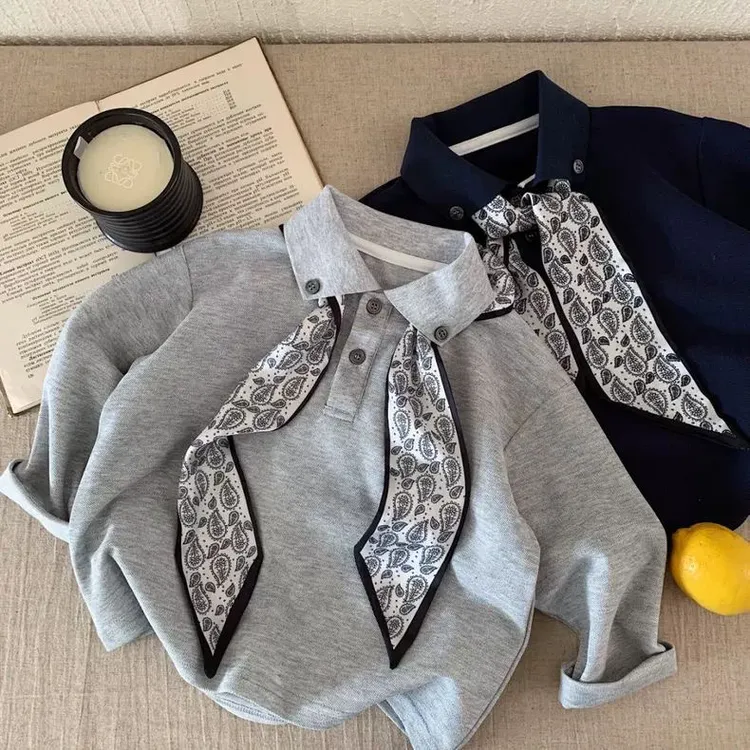 儿童POLO衫男潮范2025秋季新款中小童领带上衣长袖宝宝打底衫帅气