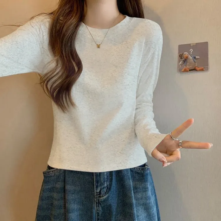 2025早秋新款米灰色修身显瘦长袖t恤女棉质ins打底衫独特别致上衣