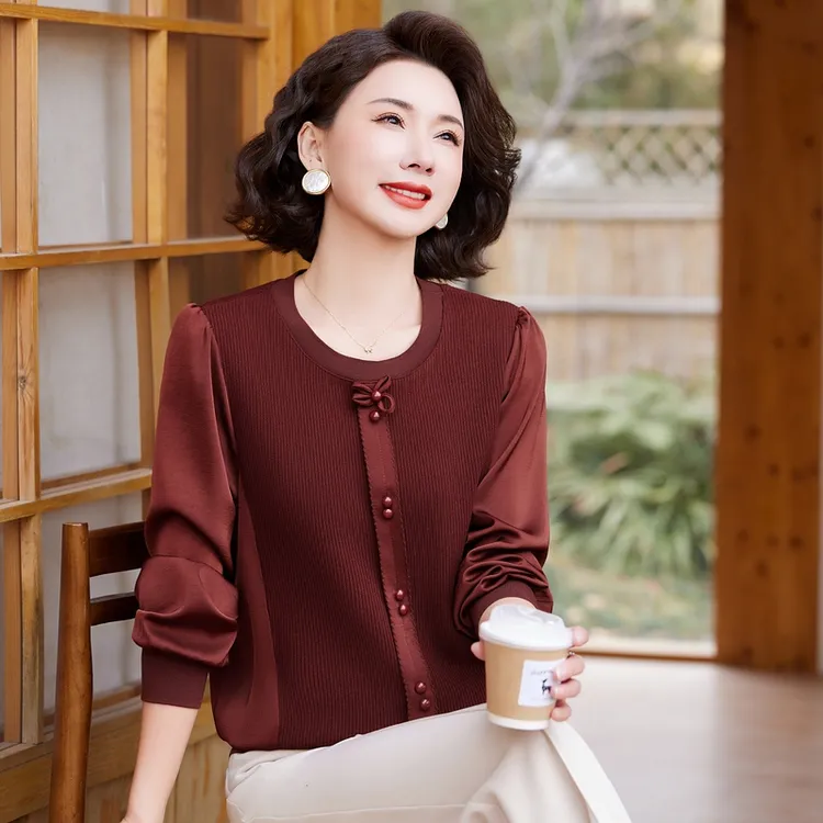妈妈装秋款小衫时尚洋气圆领上衣新款中老年妇女长袖衫打底衫套装