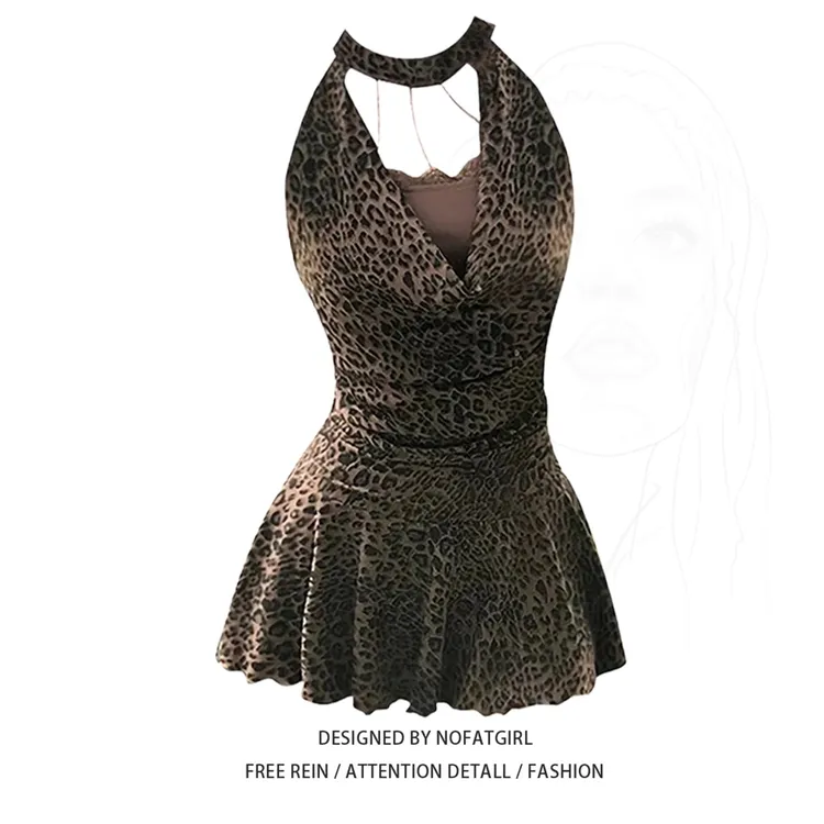 大码胖MM美式辣妹性感露背系带豹纹印花无袖挂脖背心连衣裙短裙女