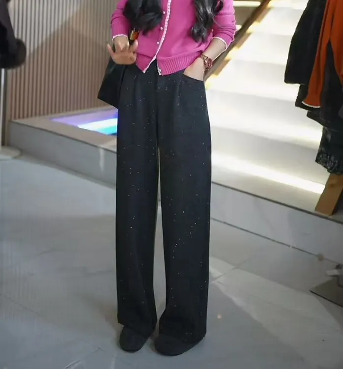 高端定制冬季加厚时尚休闲百搭亮片星空阔腿显瘦直筒长裤ML25929k