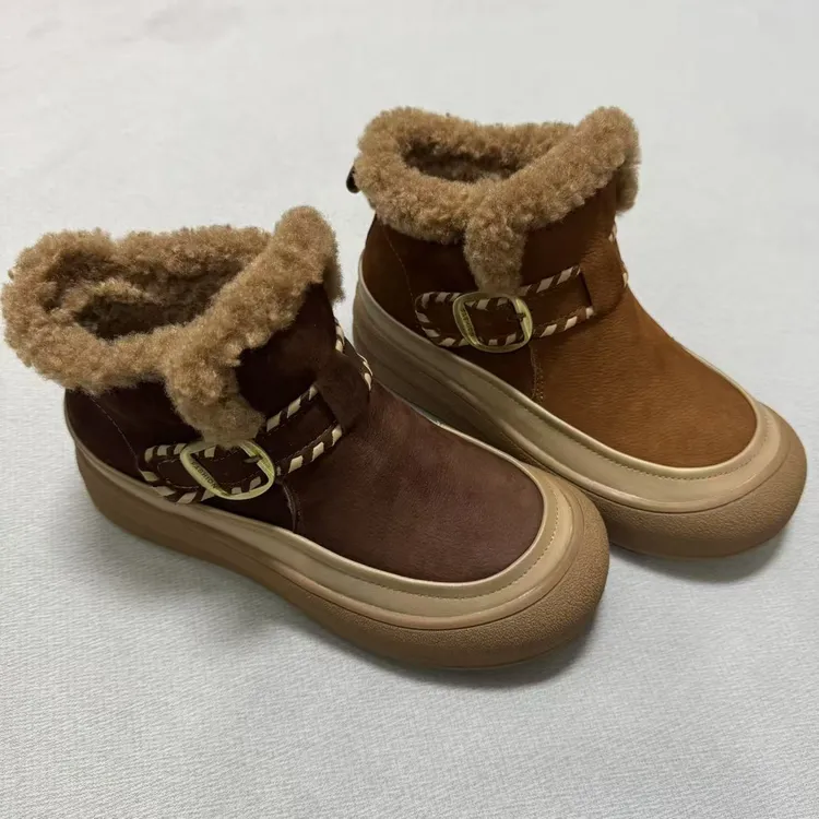 复古港风纯色雪地靴加厚休闲风棉靴冬季保暖皮毛一体加绒棉鞋厚底