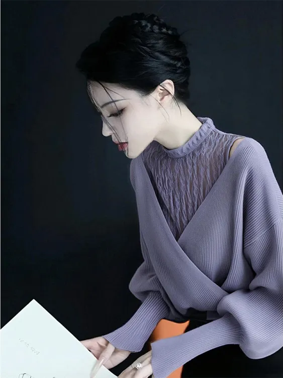 财阀千金女装香芋紫假两件拼接针织衫秋冬新款气质轻熟风套头毛衣