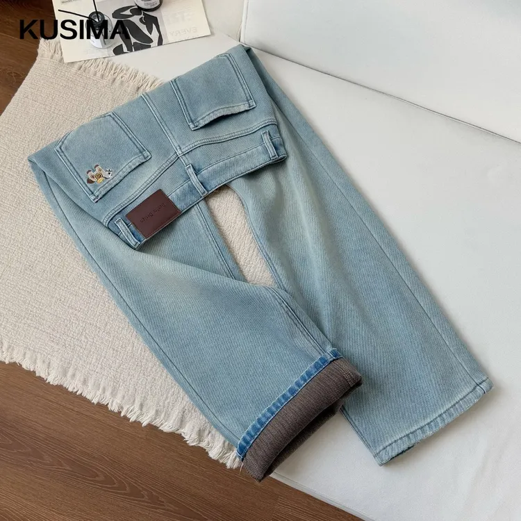 冬雪蓝弹力加绒加厚牛仔裤女2026冬季新款刺绣高腰百搭显瘦直筒裤