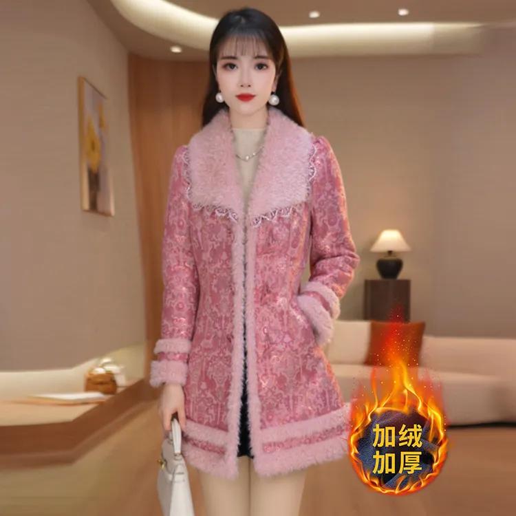 美瑞粉色提花毛呢大衣女冬季2026新款加绒加厚减龄妈妈装呢子外套