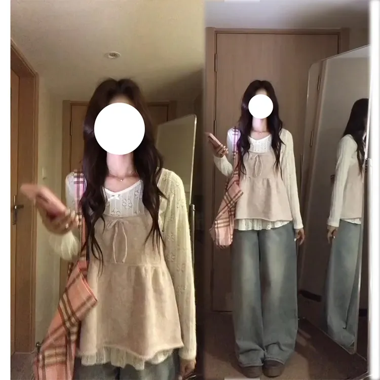 可爱风穿搭蕾丝提花内搭长袖上衣叠穿吊带背心做旧牛仔裤秋季套装