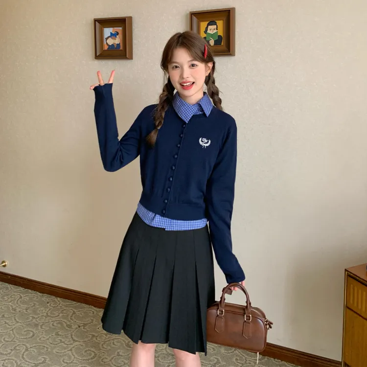 东京岁时记jk秋冬复古设计感针织开衫女小个子学院风灰色毛衣外套