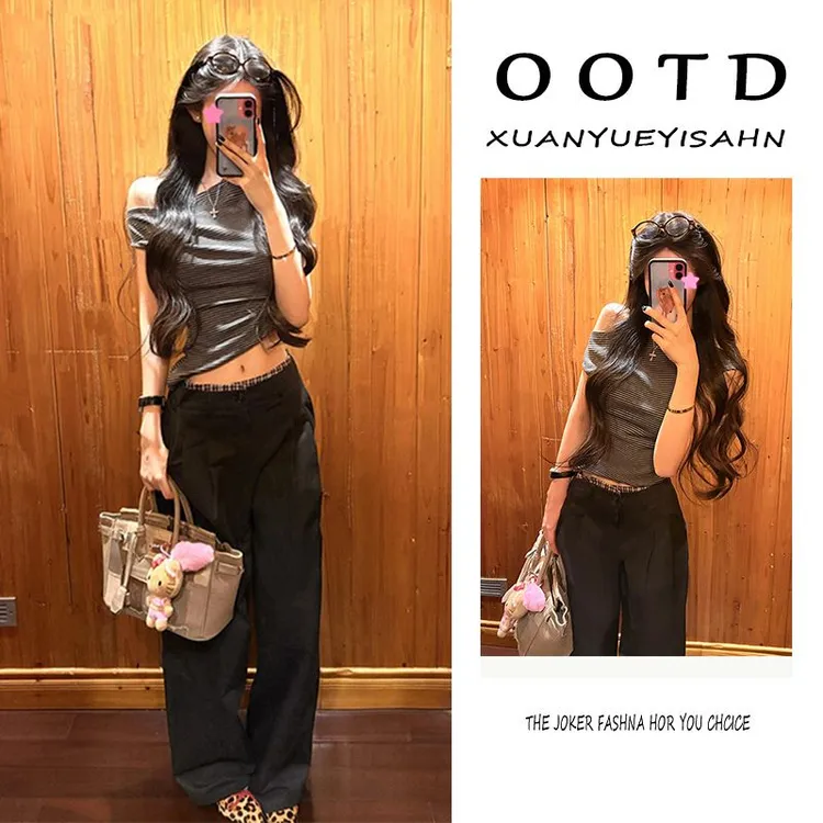 夏季一整套时尚穿搭女2025新款韩版露肩条纹上衣拼接休闲裤两件套