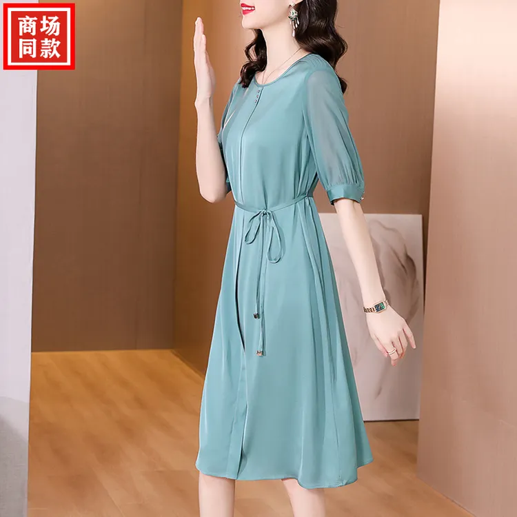高档桑蚕丝连衣裙女大牌夏季新款纯色气质显瘦妈妈装杭州真丝裙子