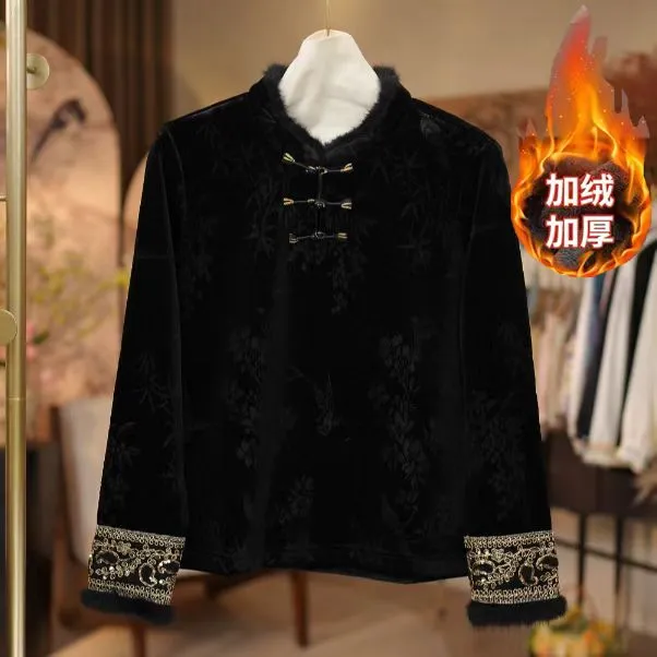 古韵新风】三扣打底衫长袖单排扣厚款立领提花女士上衣中国风