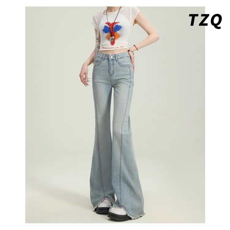 2025春季新款修身显瘦马蹄裤女毛边高腰气质微喇牛仔裤TZQ2521537