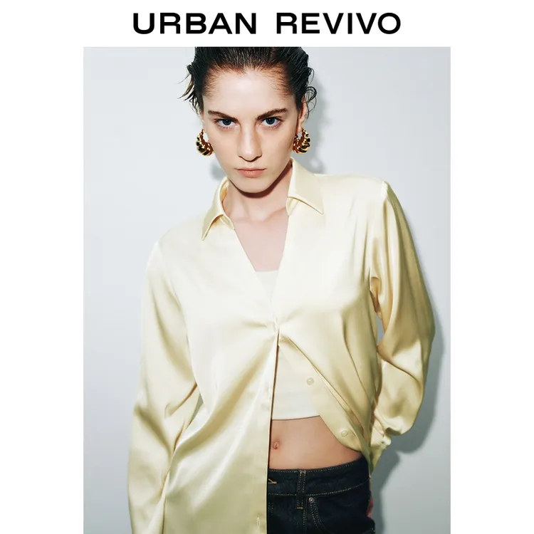 UR2025秋季新款女高智精英气质单排扣缎面开襟衬衫UWM250116