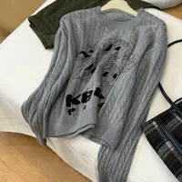 韩系慵懒风宽松线条花涂鸦长袖T恤女2025秋季显瘦休闲针织上衣