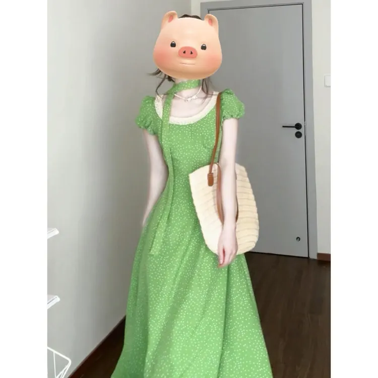 大码法式蕾丝波点碎花连衣裙子女夏季2025新款胖mm收腰显瘦A字裙