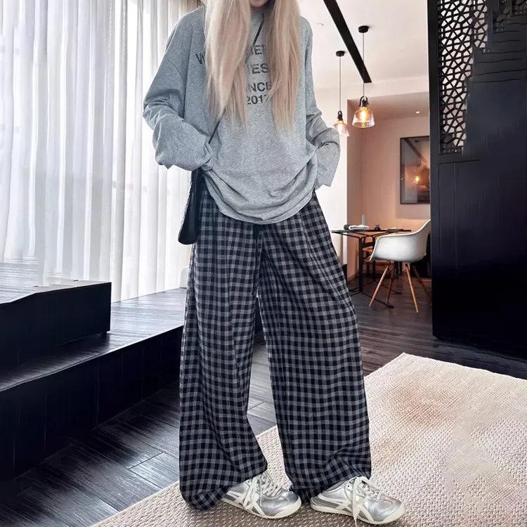 徐秋阳【精选】休闲黑白格子裤女秋季新款百搭休闲直筒阔腿拖地裤