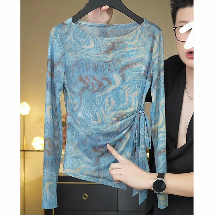 2025夏季新款晕染长袖T恤女修身显瘦时尚不规则系带体恤上衣