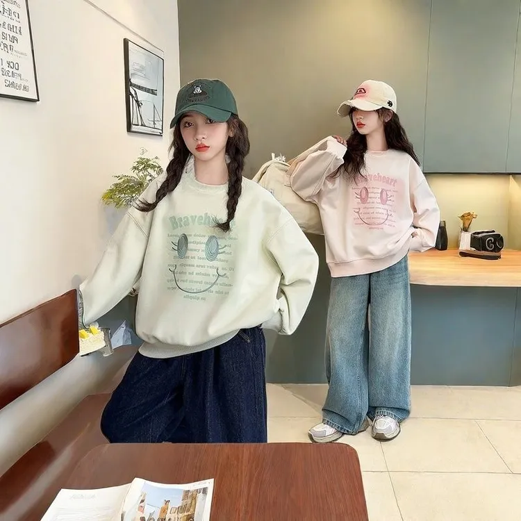 女童2025新款卫衣女孩子春秋季中大童笑脸圆领漂亮爆款洋气儿童